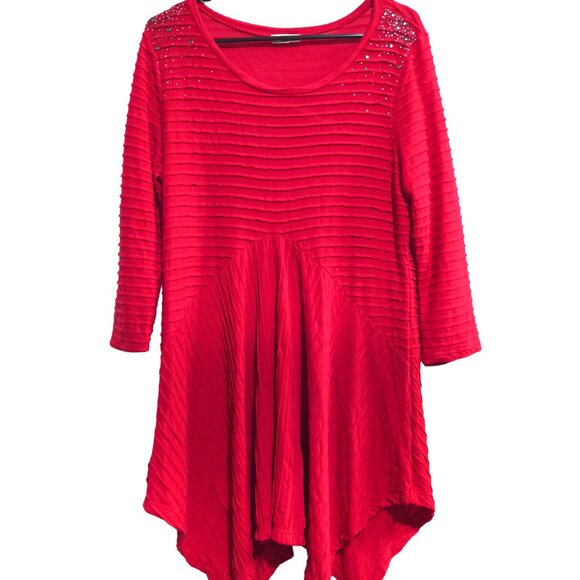 Studio Gem Large Red Textured Sharkbite Hem Embellished 3/4 Sleeve Tunic Top - Picture 2 of 5